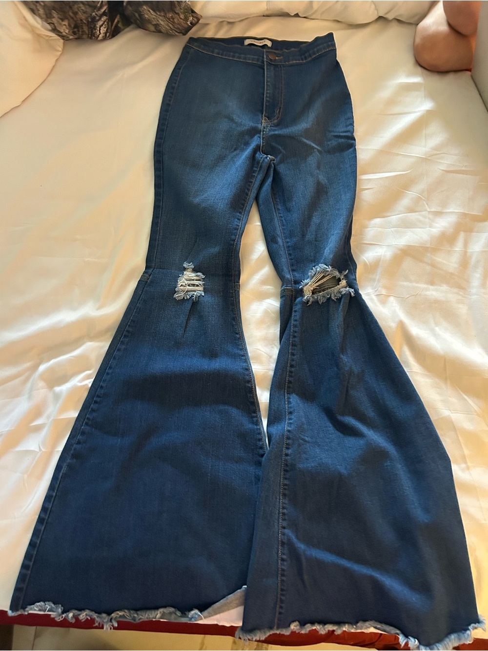 Vibrant Dark Blue Distressed Flare Jeans